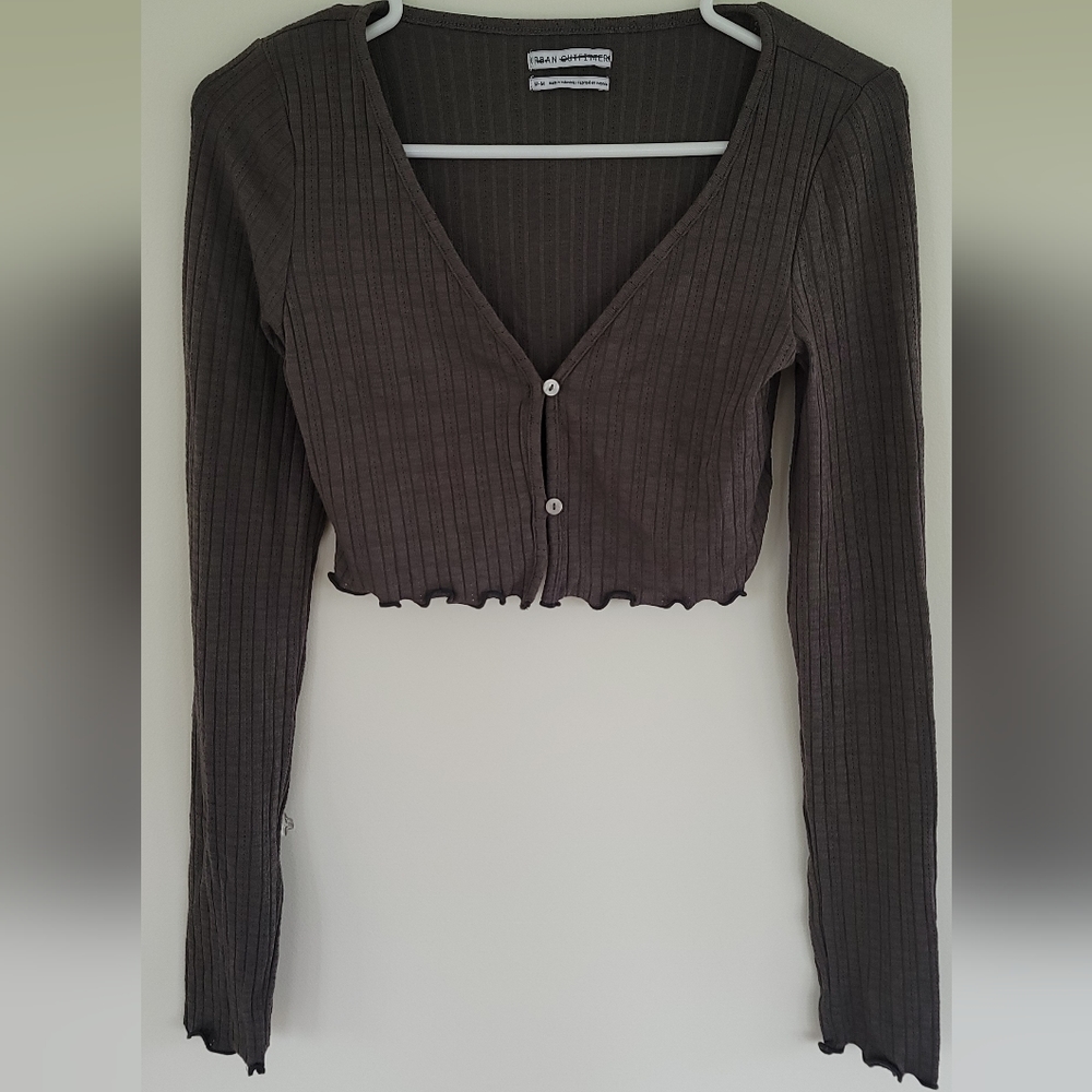 Urban Outfitters Gray Button Front Long-Sleeve Crop Top
